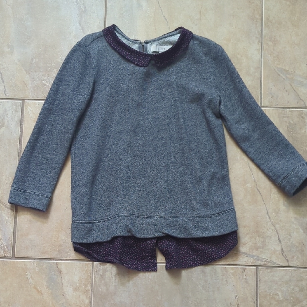 Ann Taylor Loft Sweater Womens Size XS Rear Zip Faux Shirt Inside Gray